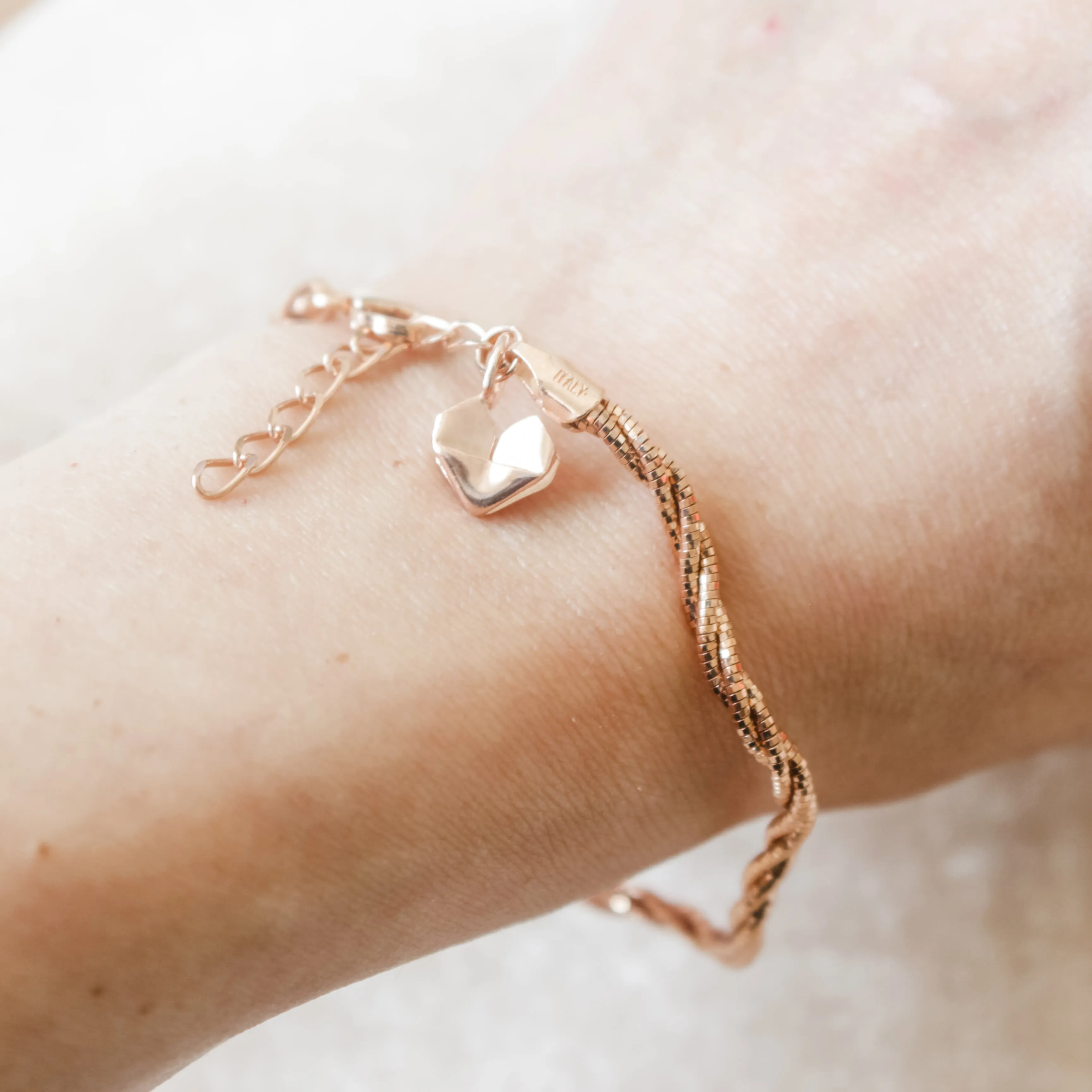 925 Rose Gold Plated Italian Silver Wavy Soft Bangle with Silver Origami Heart