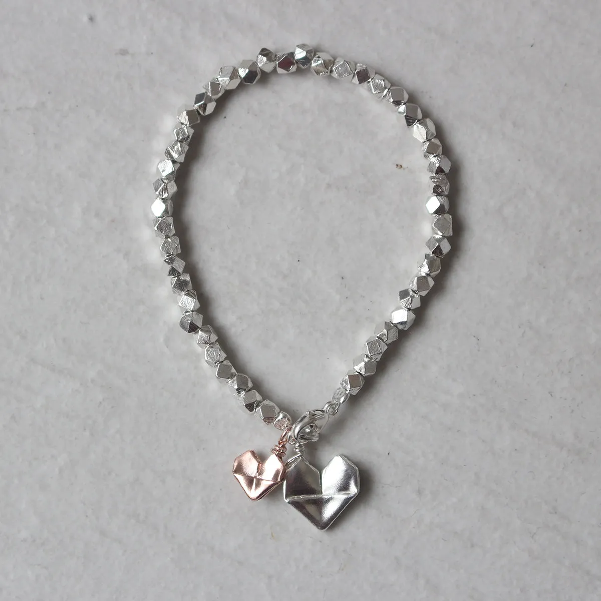 925 Silver Origami Big and Small Hearts Bracelet