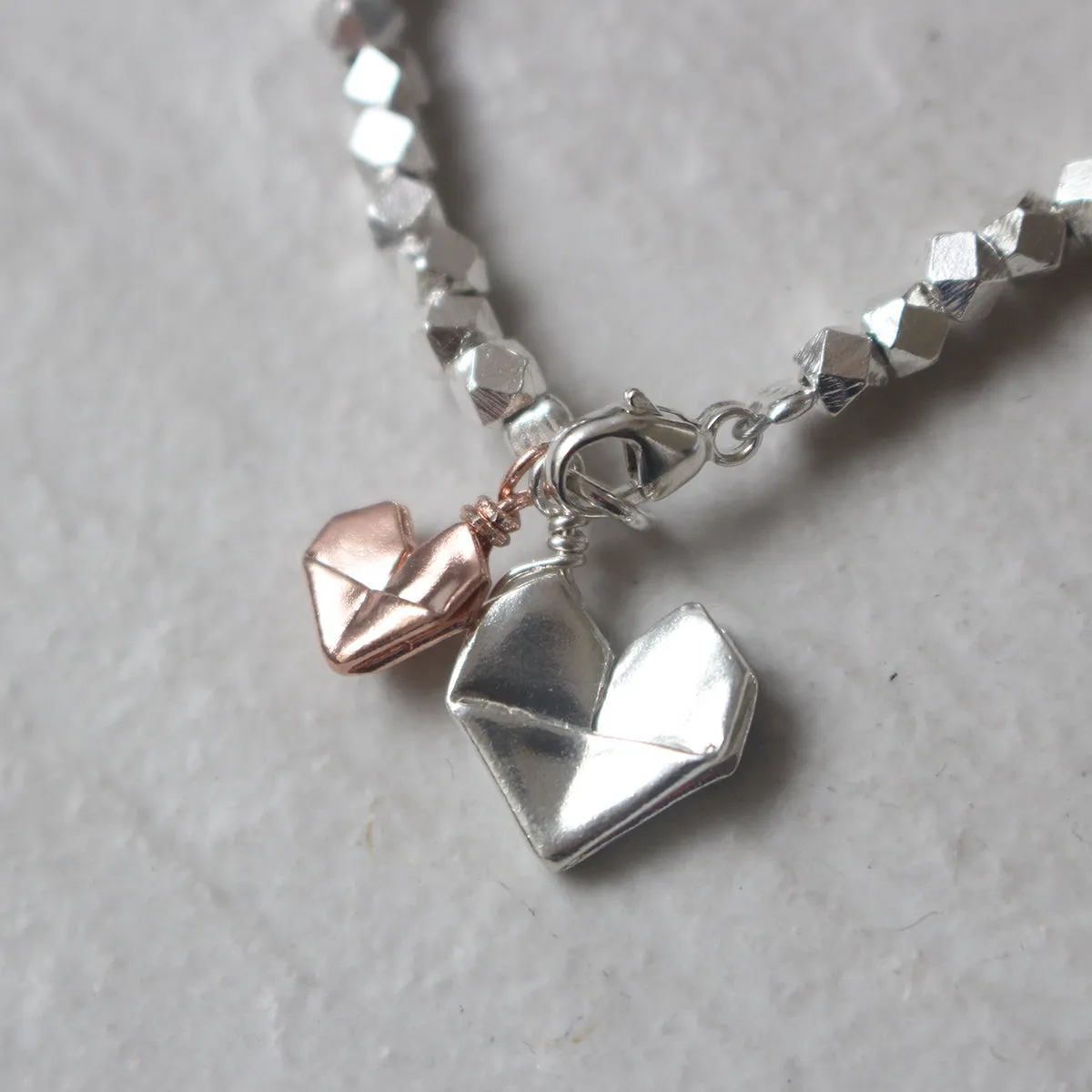 925 Silver Origami Big and Small Hearts Bracelet