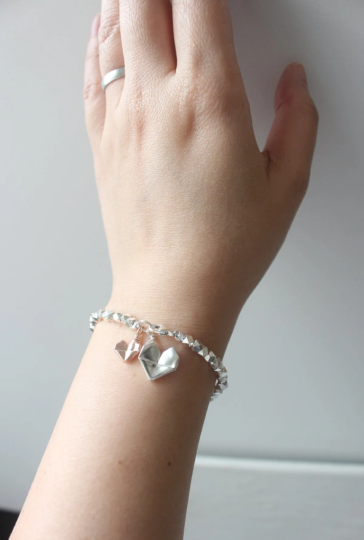 925 Silver Origami Big and Small Hearts Bracelet