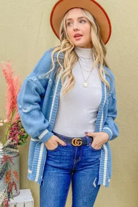 Dusty Blue Fringe Detail Pocketed Cardigan Sweater