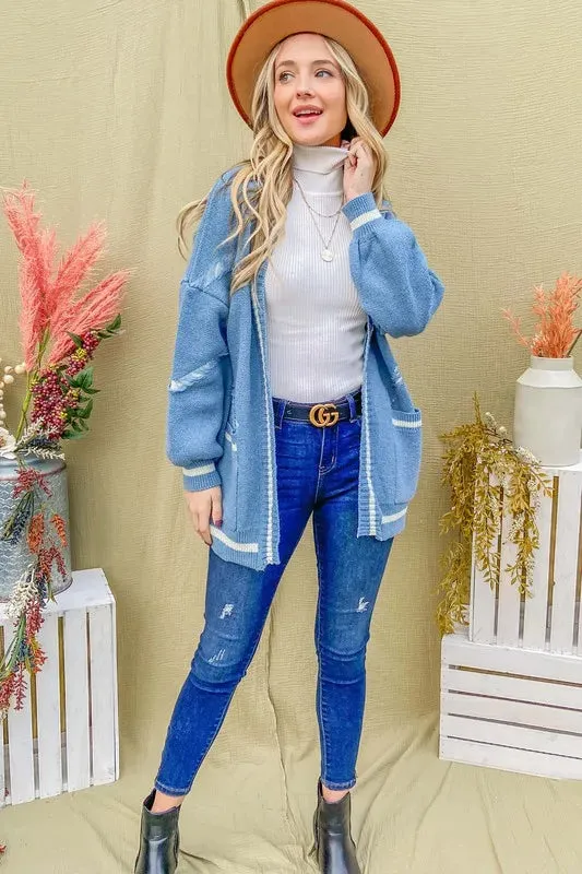 Dusty Blue Fringe Detail Pocketed Cardigan Sweater