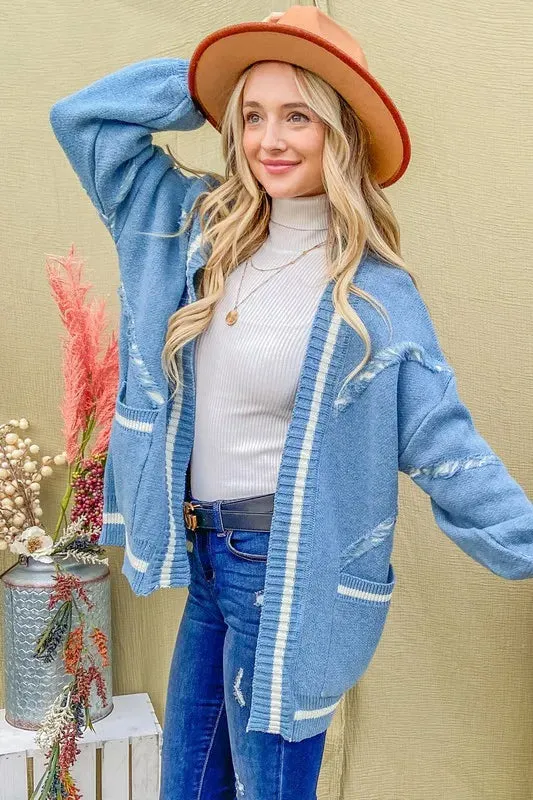 Dusty Blue Fringe Detail Pocketed Cardigan Sweater