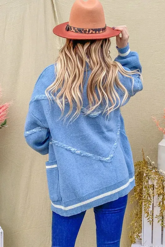 Dusty Blue Fringe Detail Pocketed Cardigan Sweater