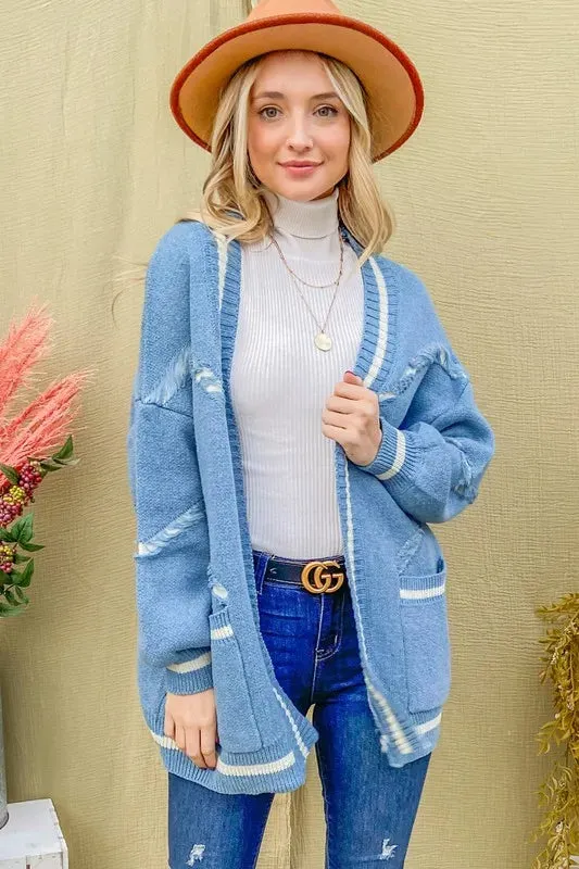 Dusty Blue Fringe Detail Pocketed Cardigan Sweater