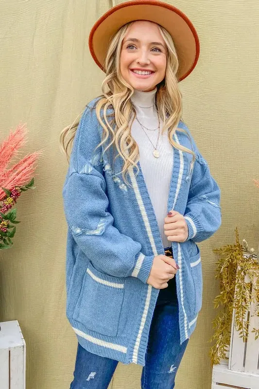 Dusty Blue Fringe Detail Pocketed Cardigan Sweater
