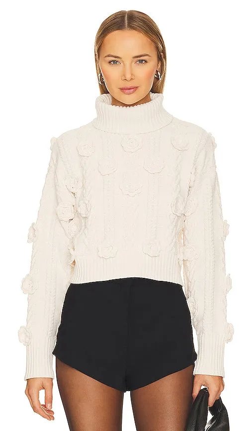 For Love & Lemons Martina Cropped Sweater in White