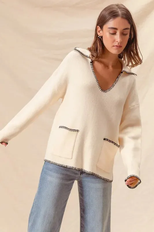 Ivory Contrast Blanket Stitch Sweater with Pockets