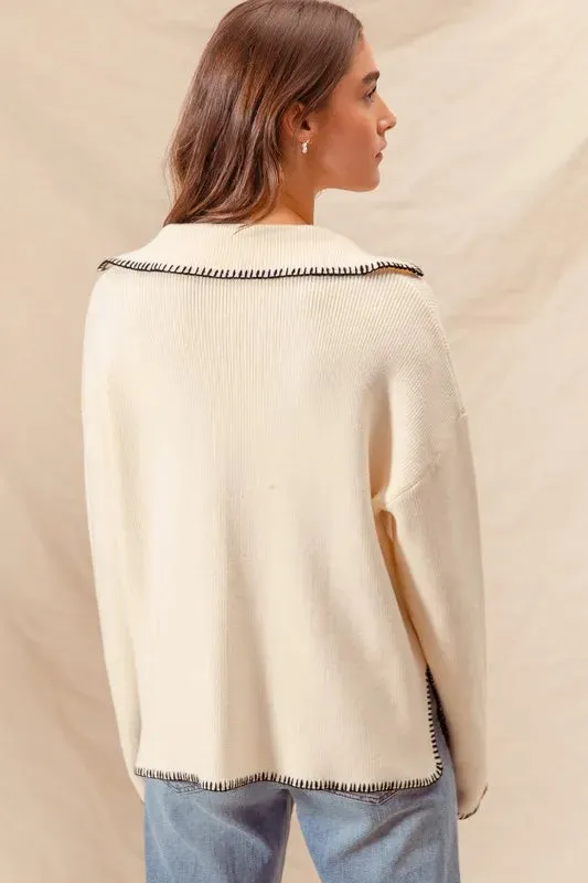 Ivory Contrast Blanket Stitch Sweater with Pockets