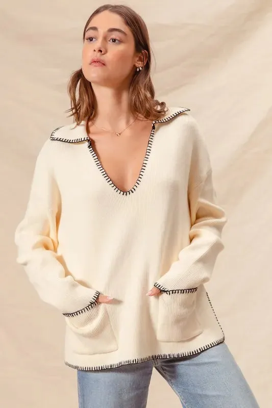 Ivory Contrast Blanket Stitch Sweater with Pockets