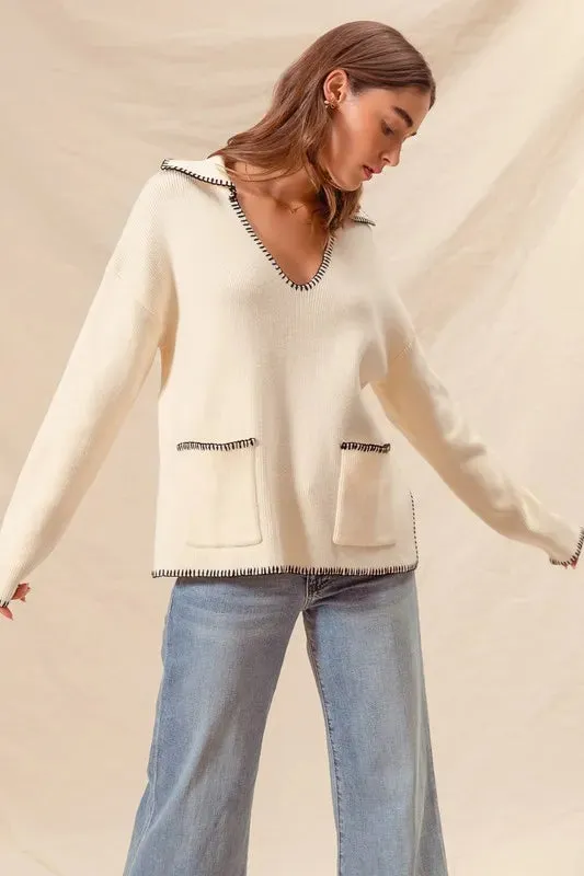 Ivory Contrast Blanket Stitch Sweater with Pockets