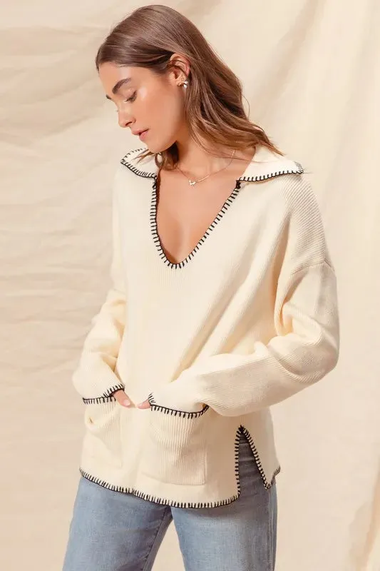 Ivory Contrast Blanket Stitch Sweater with Pockets