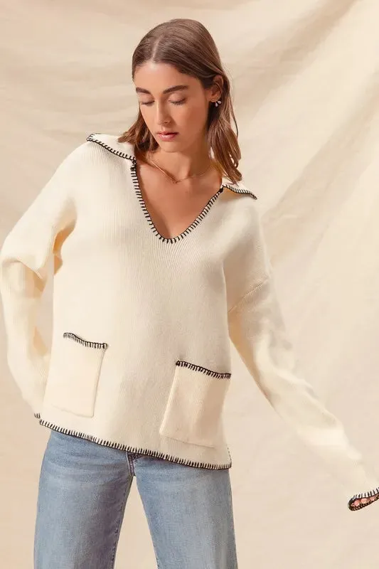 Ivory Contrast Blanket Stitch Sweater with Pockets