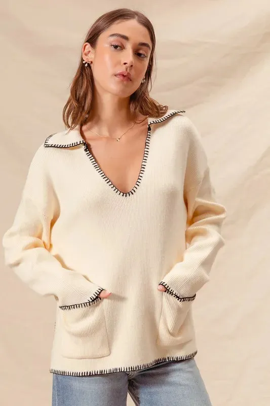 Ivory Contrast Blanket Stitch Sweater with Pockets