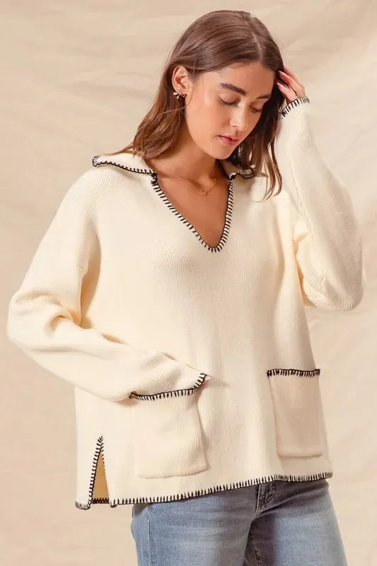 Ivory Contrast Blanket Stitch Sweater with Pockets