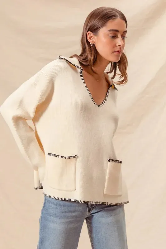 Ivory Contrast Blanket Stitch Sweater with Pockets