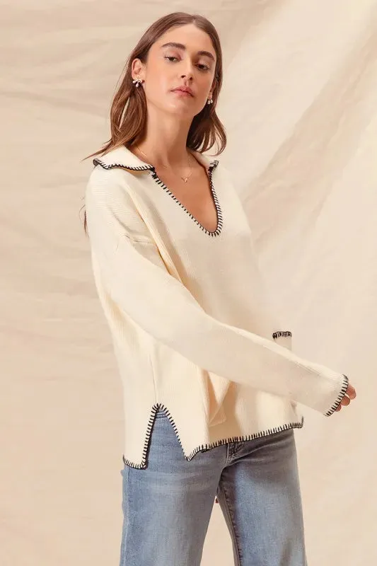 Ivory Contrast Blanket Stitch Sweater with Pockets
