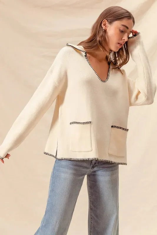 Ivory Contrast Blanket Stitch Sweater with Pockets