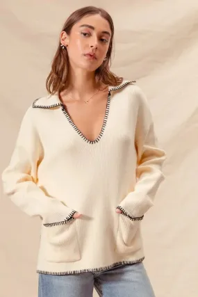 Ivory Contrast Blanket Stitch Sweater with Pockets