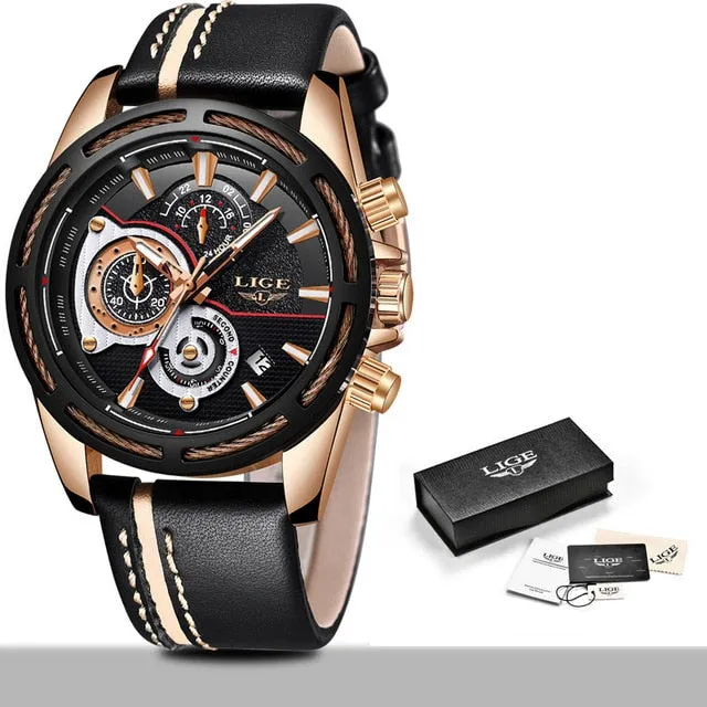 LIGE New Mens Watches Top Brand Luxury Quartz Watch Men Calendar Leather Military Waterproof Sport Wrist Watch Relogio Masculino