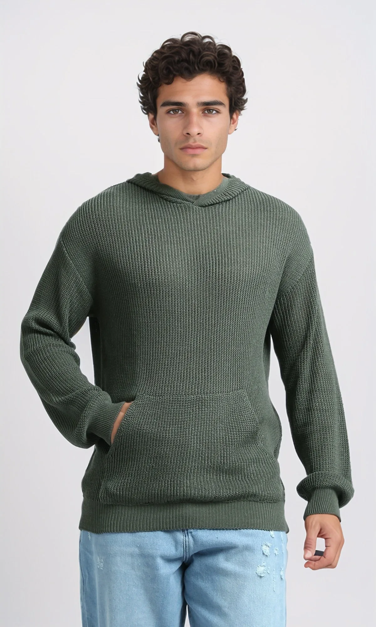 O198296 - Solid Hooded Neck Casual Pullover - Olive