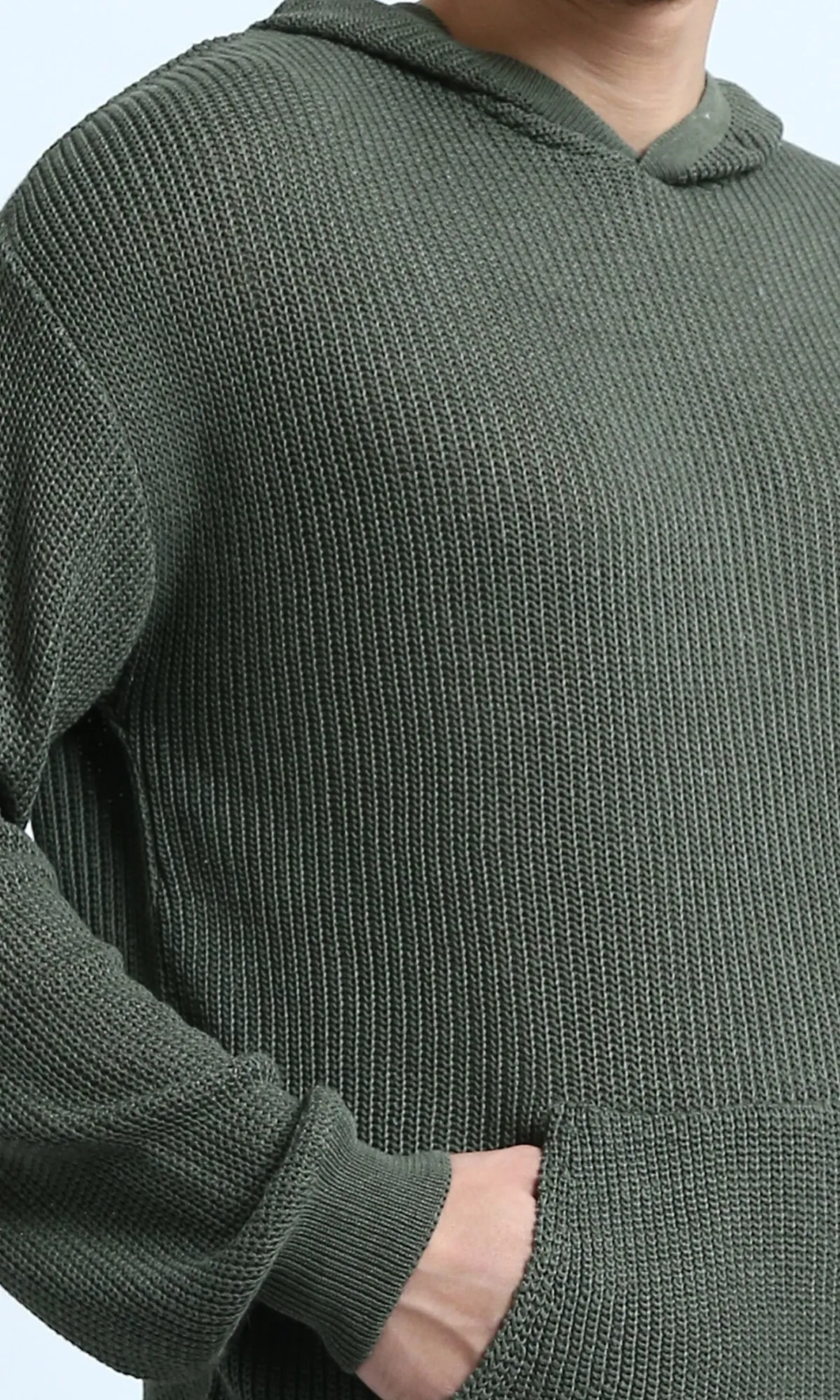 O198296 - Solid Hooded Neck Casual Pullover - Olive