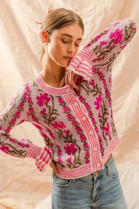 Pink Floral Intarsia Button-Up Cardigan Sweater