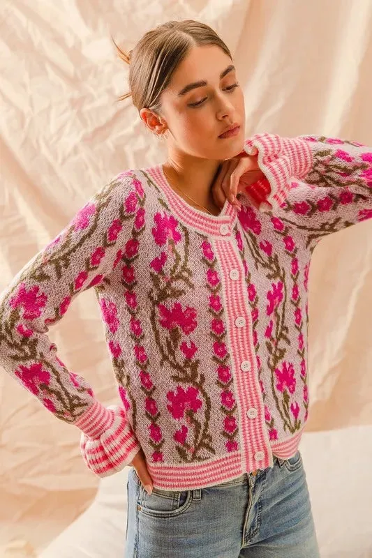 Pink Floral Intarsia Button-Up Cardigan Sweater