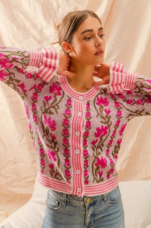 Pink Floral Intarsia Button-Up Cardigan Sweater