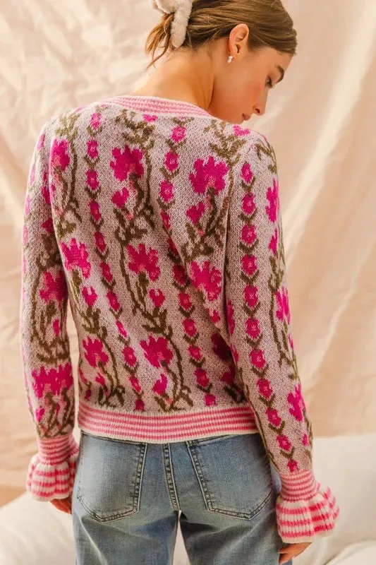 Pink Floral Intarsia Button-Up Cardigan Sweater