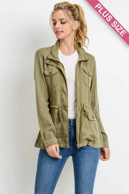 PLUS SIZE GARMENT DYED TENCEL UTILITY JACKET by Vanilla